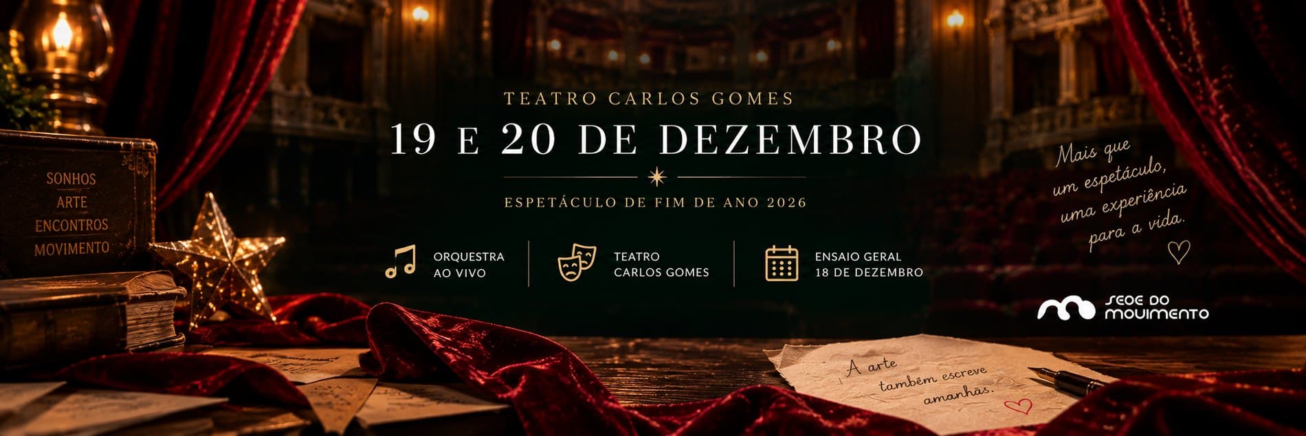 Teatro Carlos Gomes, 19 e 20 de dezembro — espetáculo de fim de ano 2026, com orquestra ao vivo e ensaio geral em 18 de dezembro