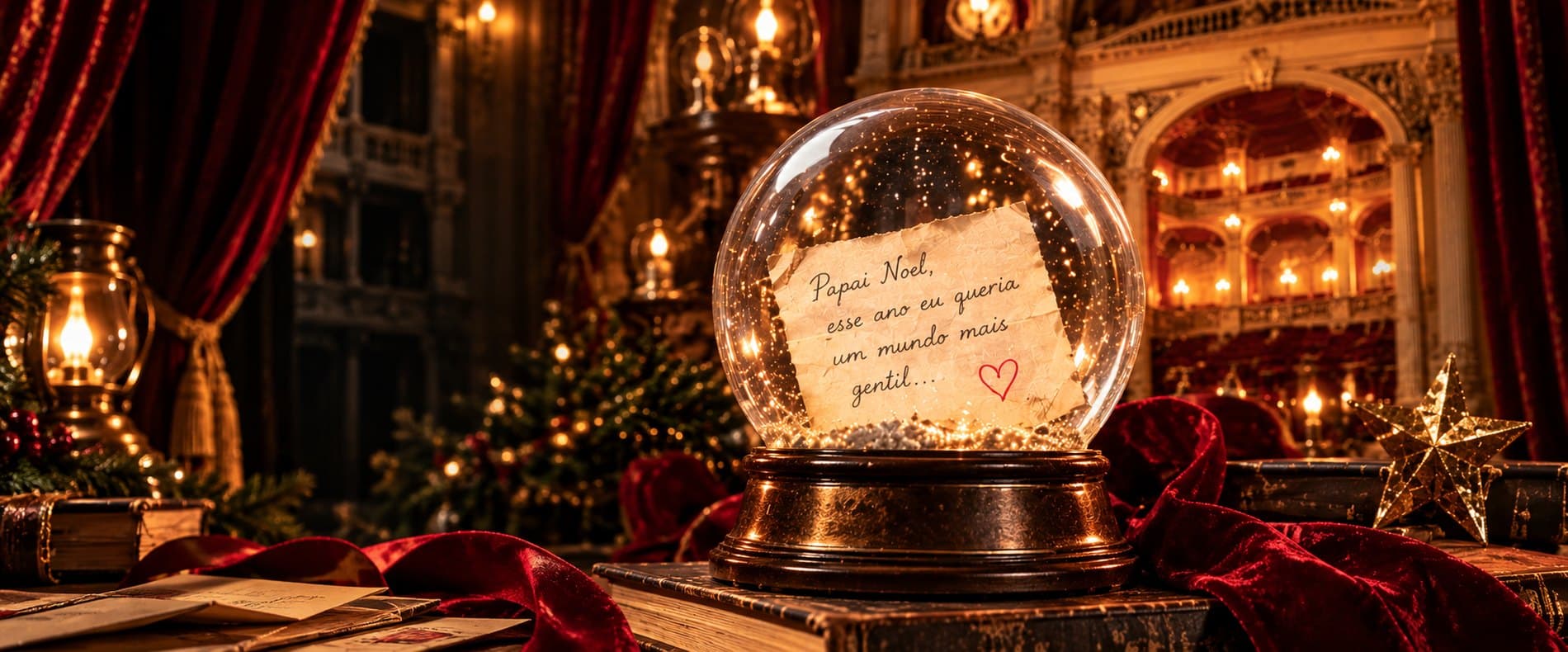 Globo de neve com a carta para o Papai Noel dentro, sobre veludo vermelho, com o teatro ao fundo