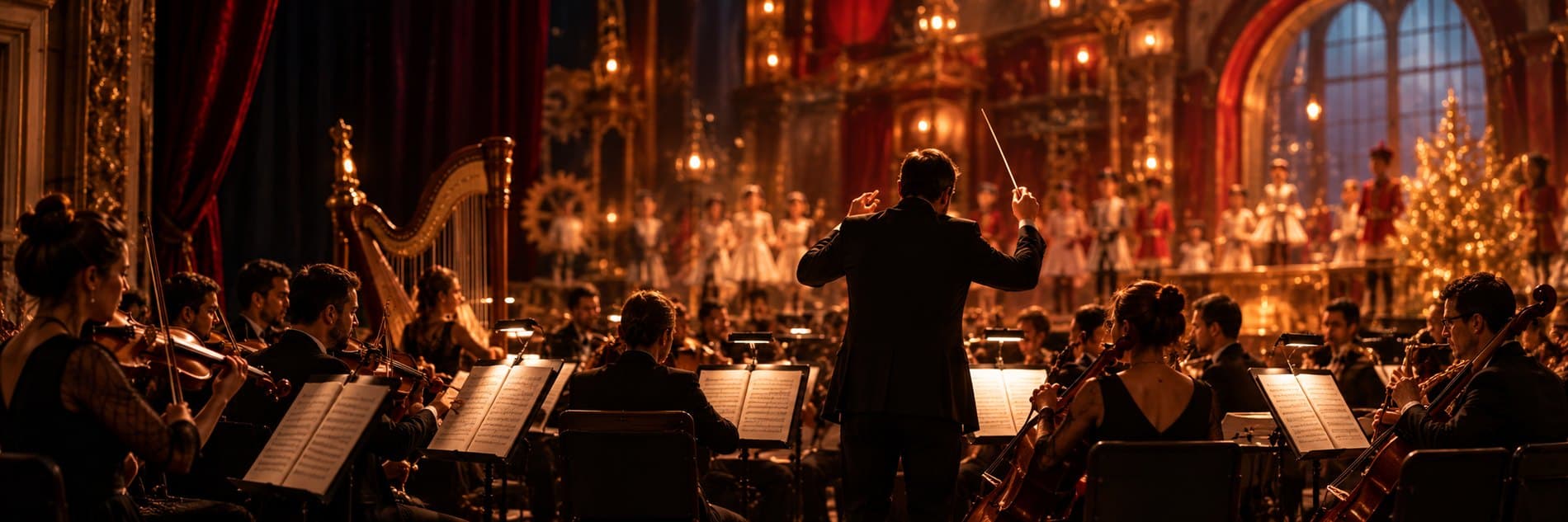 Maestro de costas regendo a orquestra completa, com o palco iluminado ao fundo